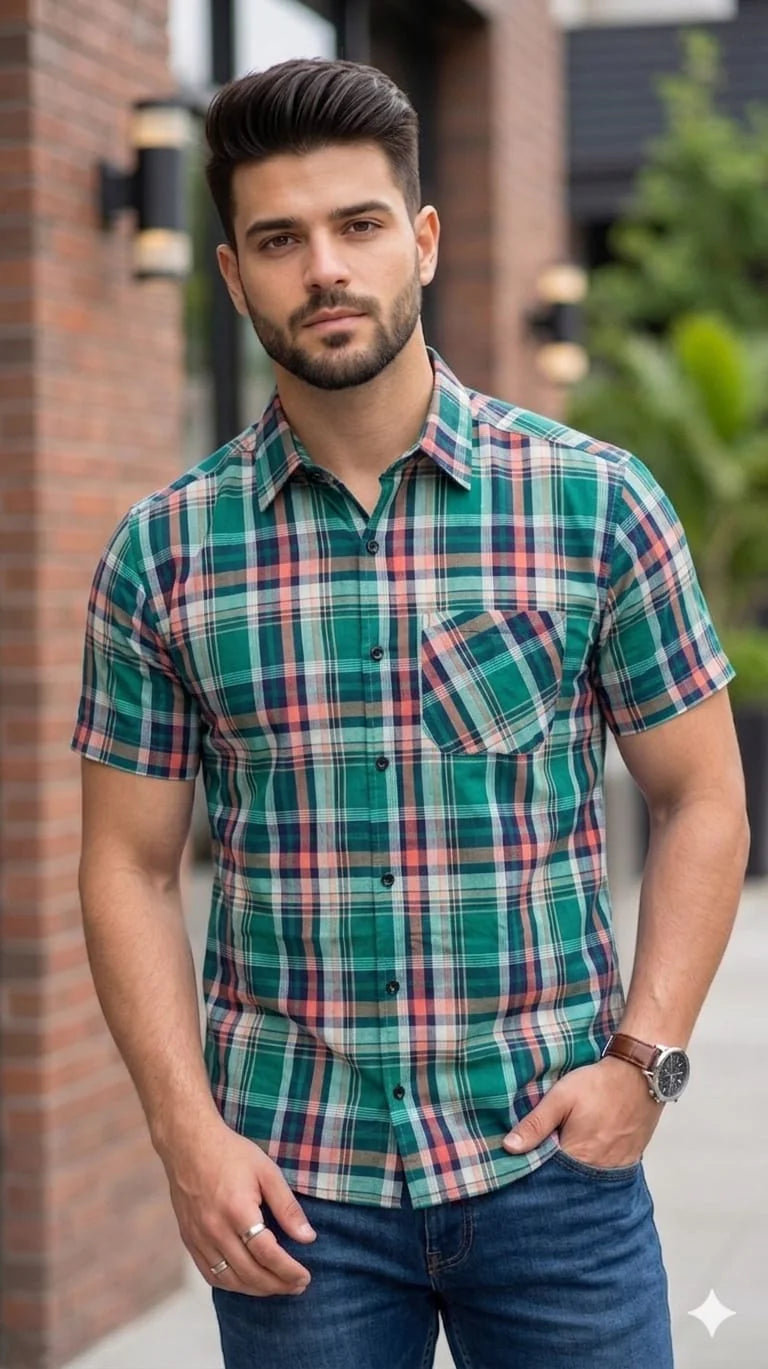 Green Check Half Sleeve Casual Shirt Men's