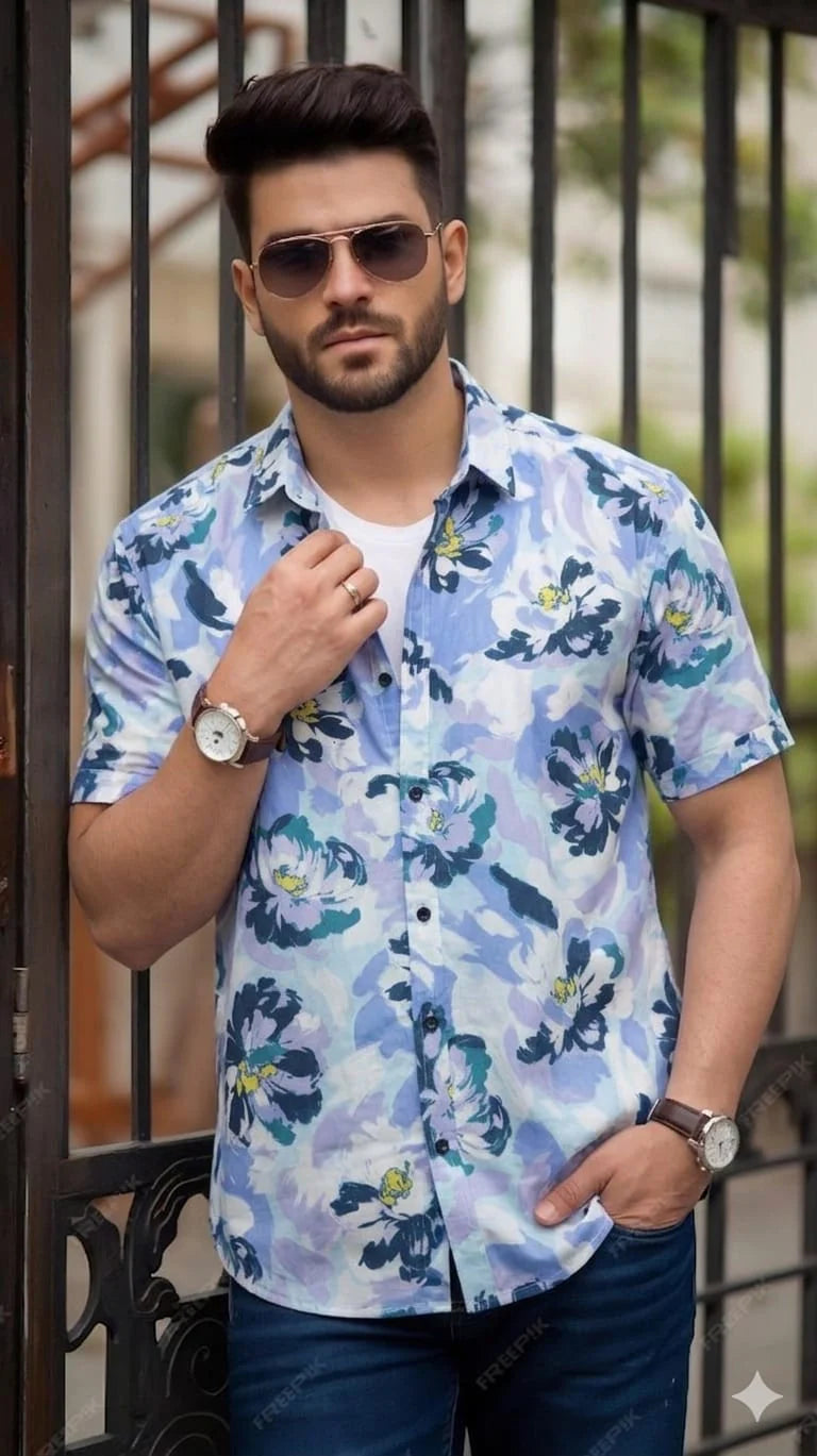 Navy Flower Half Sleeve White Casual Shirt Men's