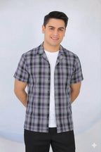 Purple Check Coat Collar Casual Shirt Men's