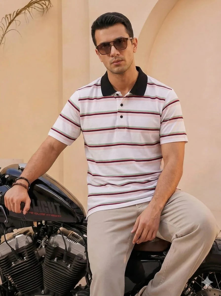 Red Line Striper White Collar T-Shirt For Men's