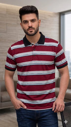 Multi Striper Mahroon Collar T-Shirt For Men's