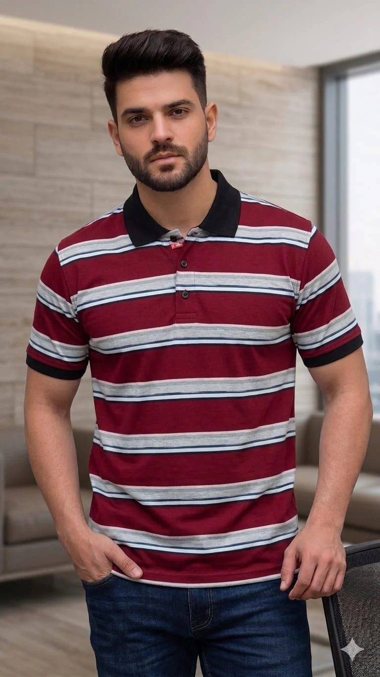 Multi Striper Mahroon Collar T-Shirt For Men's