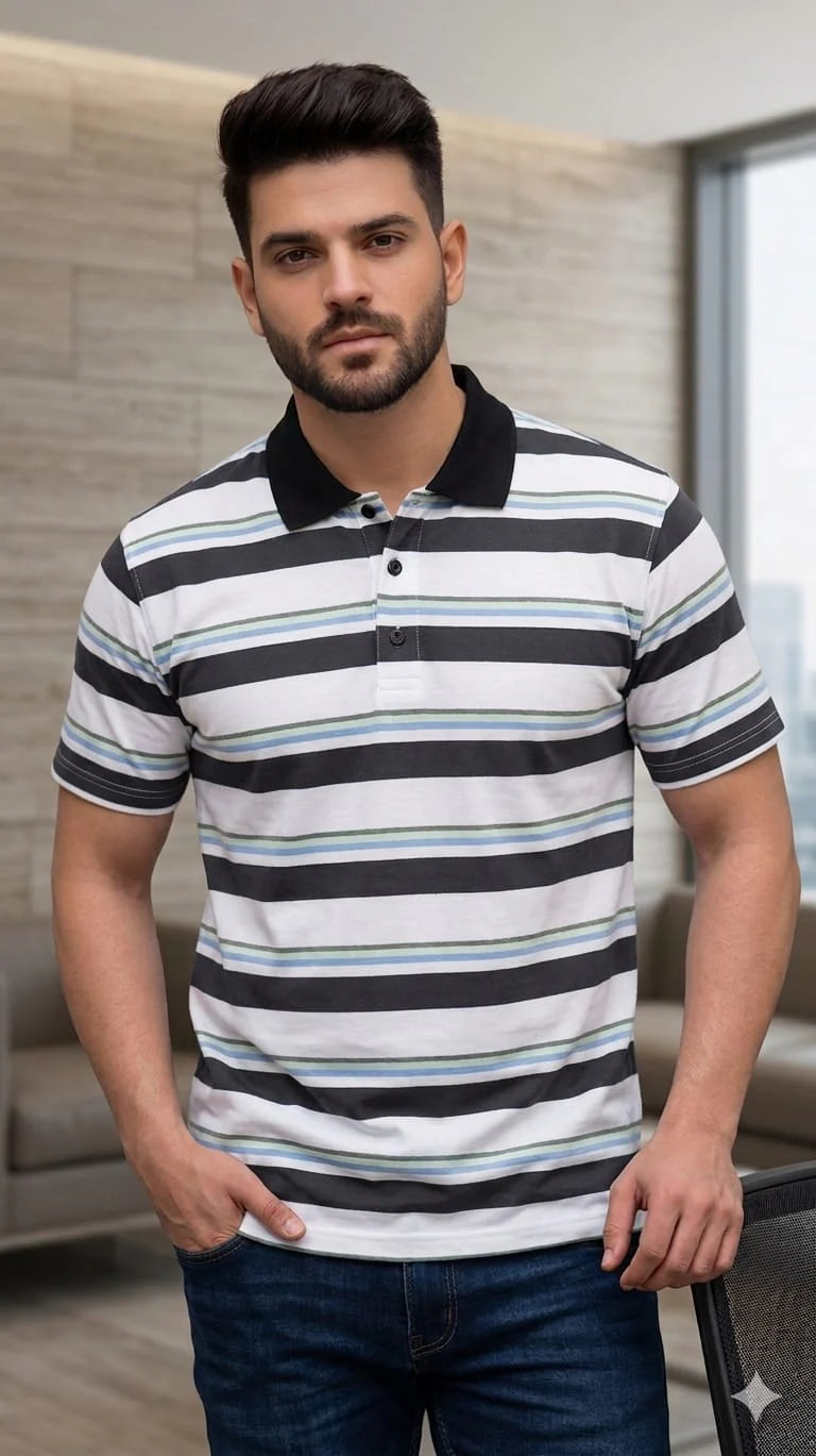 Soft Contrace Striper White Collar T-Shirt For Men's