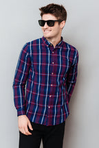 Blue & Mahroon Checked Casual Shirt Men's